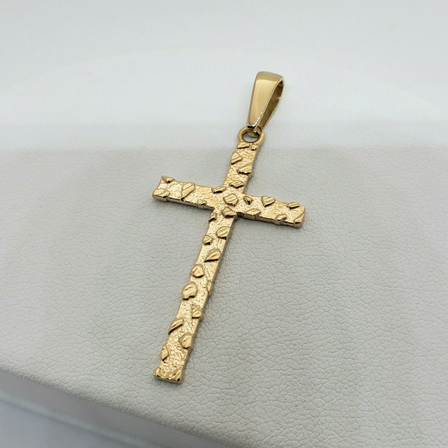 Solid 18K Yellow Gold Nugget Cross Mens 