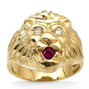Real 14K Yellow Gold Mens Lion Ring Diamond Eyes Ruby Mouth Size 5 – 15
