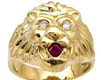 Real 14K Yellow Gold Mens Lion Ring Diamond Eyes Ruby Mouth Size – 15