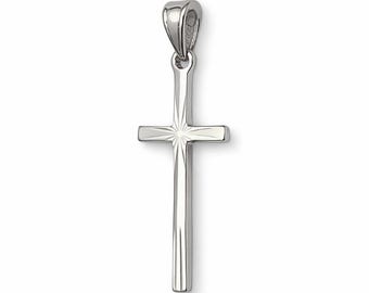 Solid 14K White Gold Classic Handmade Starburst Gold Cross Pendant, 0.9″ long