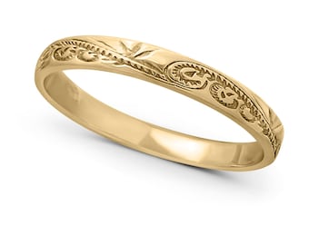 Solid 14K Yellow Gold Hawaiian Scroll Ring for Women – 3mm Engraved Stacking Band, Midi or Pinky Ring, Sizes 1 - 12