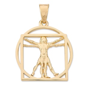 Solid 14K Yellow Gold Da Vinci Vitruvian Man Pendant, 3/4″, Renaissance Art