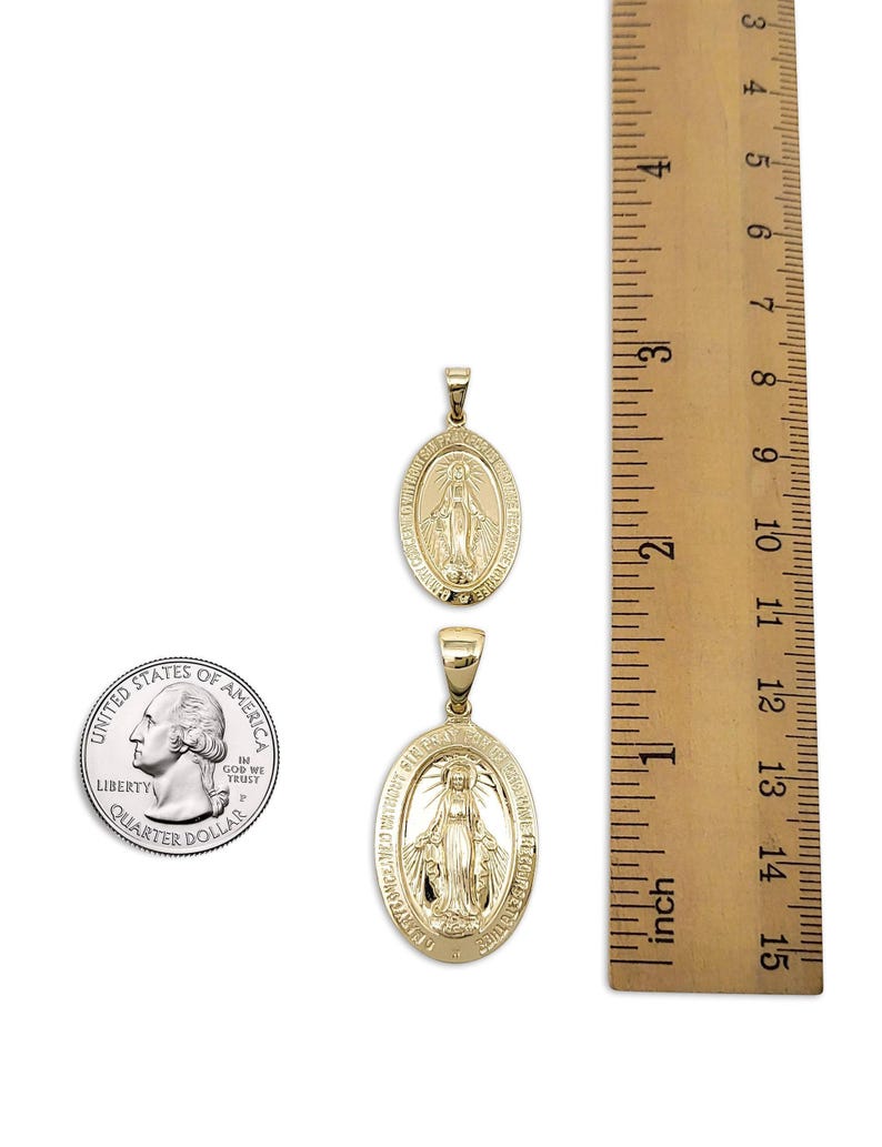 Solid 14K Yellow Gold Miraculous Medal Virgin Mary Pendant, 0.9″ or 1.1 ...