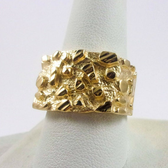 Solid 14k Yellow Gold Mens Nugget Ring Diamond Cut Heavy Wide Etsy