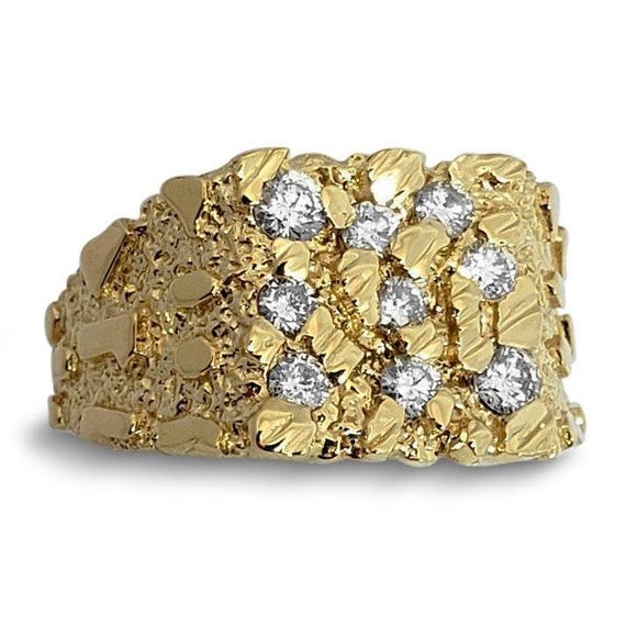 Real 18K Yellow Gold 0.62 Carat Diamond Mens Nugget Ring (Natural or Lab), Size 5 – 15