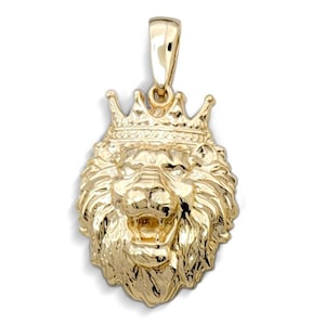 Real 14K Yellow Gold Lion Pendant with Crown, 3 Sizes, Leo King Pendant