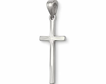 Solid 10K White Gold Classic Handmade Starburst Gold Cross Pendant, 0.9″ long