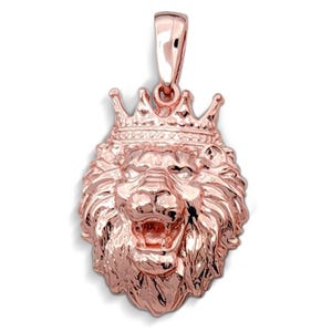 Real 14K Rose Gold Lion Pendant with Crown, 3 Sizes, Leo King Pendant