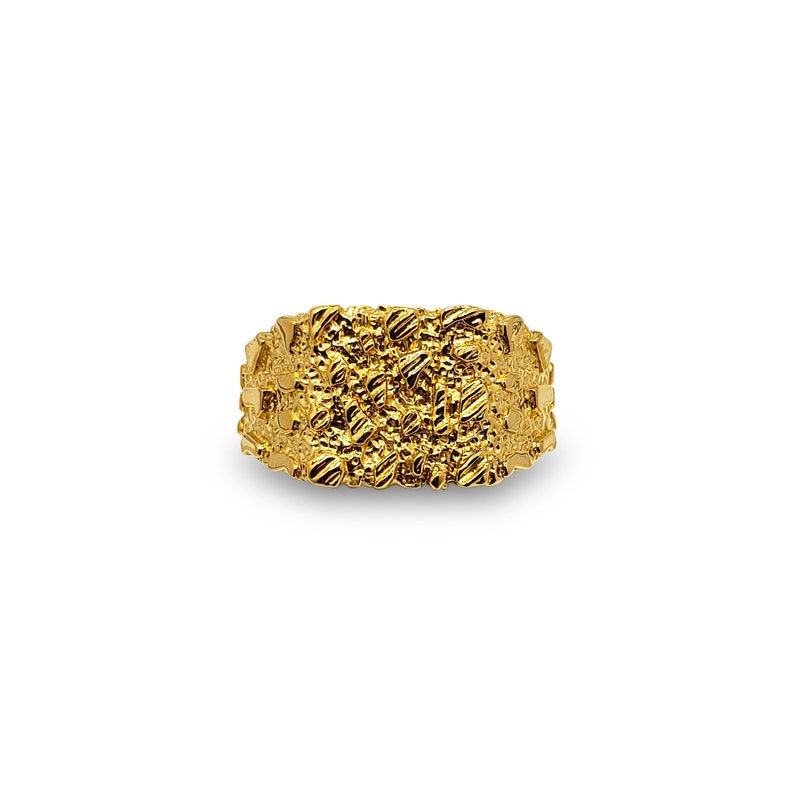 May include: A gold ring with a textured, nugget-like design.