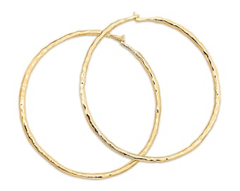 Brincos de argola em ouro amarelo 14K maciço, argolas de ouro martelado feitas à mão para mulheres, brincos de argola facetados em ouro