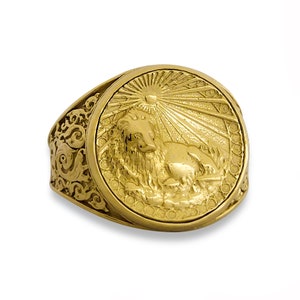 Real 18K Yellow Gold Leo Ring, Zodiac Sign Mens Gold Coin Ring Astrology Lion Jewelry