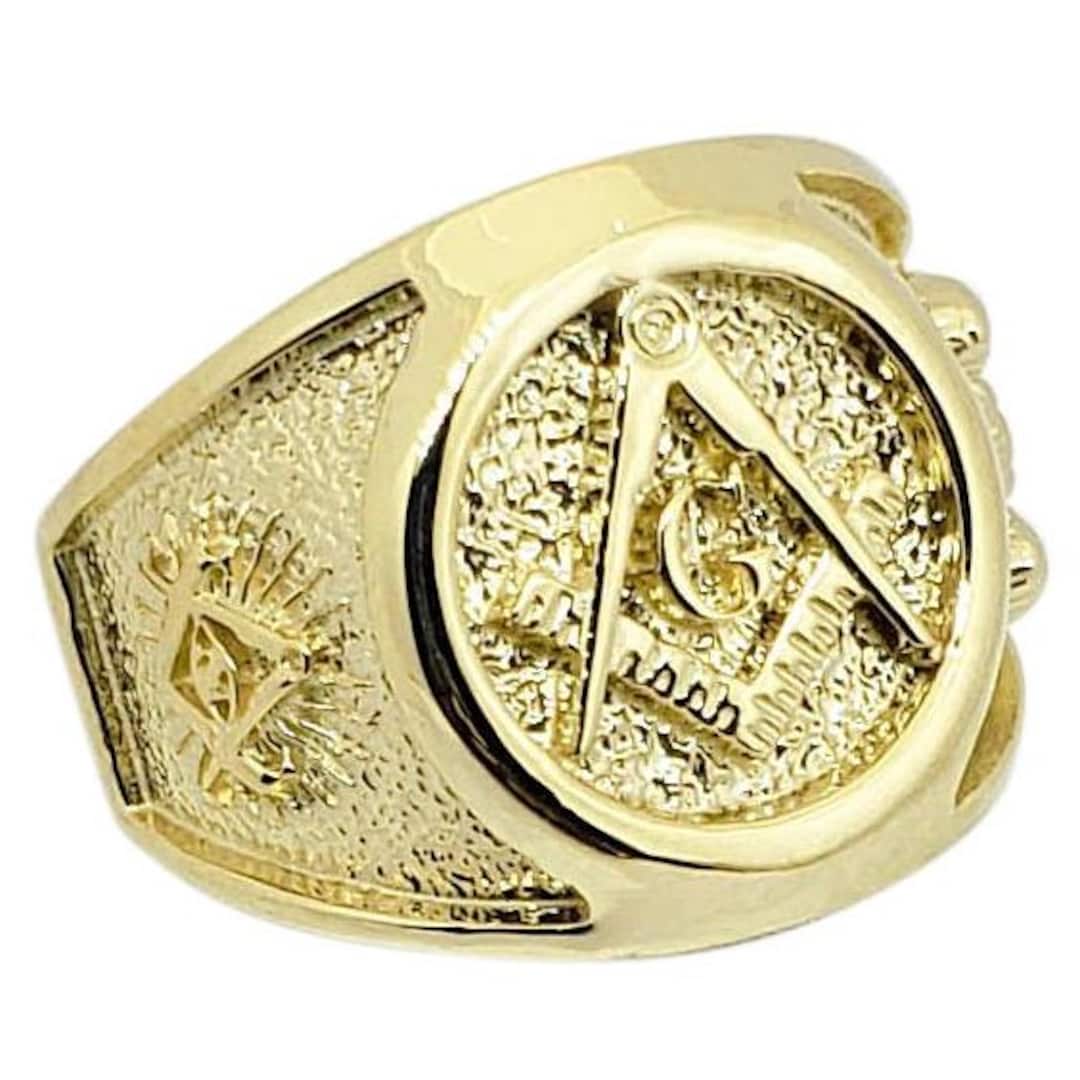 Men's 10k Two-Tone Gold Freemason Ring - Square & Compass Nugget Band With Letter G, Size 6.5