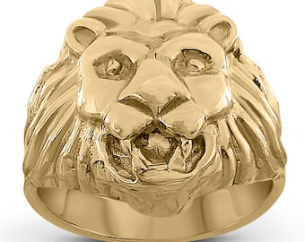 Men's 10k Yellow Gold Lion Head Ring - Textured Band Statement Ring (Size 15.5)
