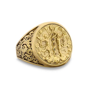 Real 14K Yellow Gold Gemini Ring, Zodiac Sign Mens Gold Coin Ring Astrology Jewelry