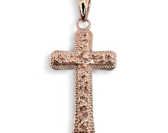 Real 14K Rose Gold Nugget Cross Textured Edge Mens Diamond Cut Pendant All Sizes