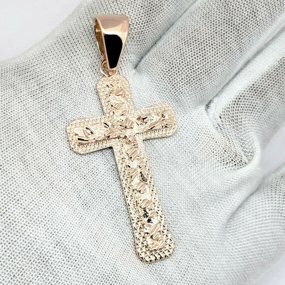 Solid 14K Rose Gold Nugget Cross Mens 