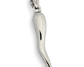 Solid 18K White Gold Italian Horn Pendant Cornicello Pendant, Fully Round 1″