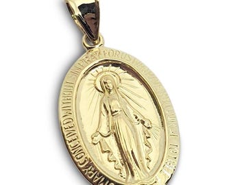 Solid 14K Yellow Gold Miraculous Medal Virgin Mary Pendant, 3/4", Catholic