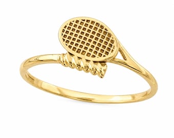 Anel de tênis em ouro amarelo maciço 14K, anel de raquete de tênis feminino, joia de tênis em ouro, anel esportivo em ouro, anel de ouro feminino exclusivo