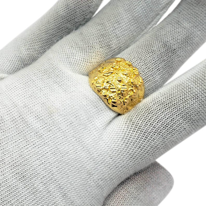 Solid 24K Yellow Gold Extra Large Diamond Cut Mens Nugget Ring, Size 5 - 11 image 2