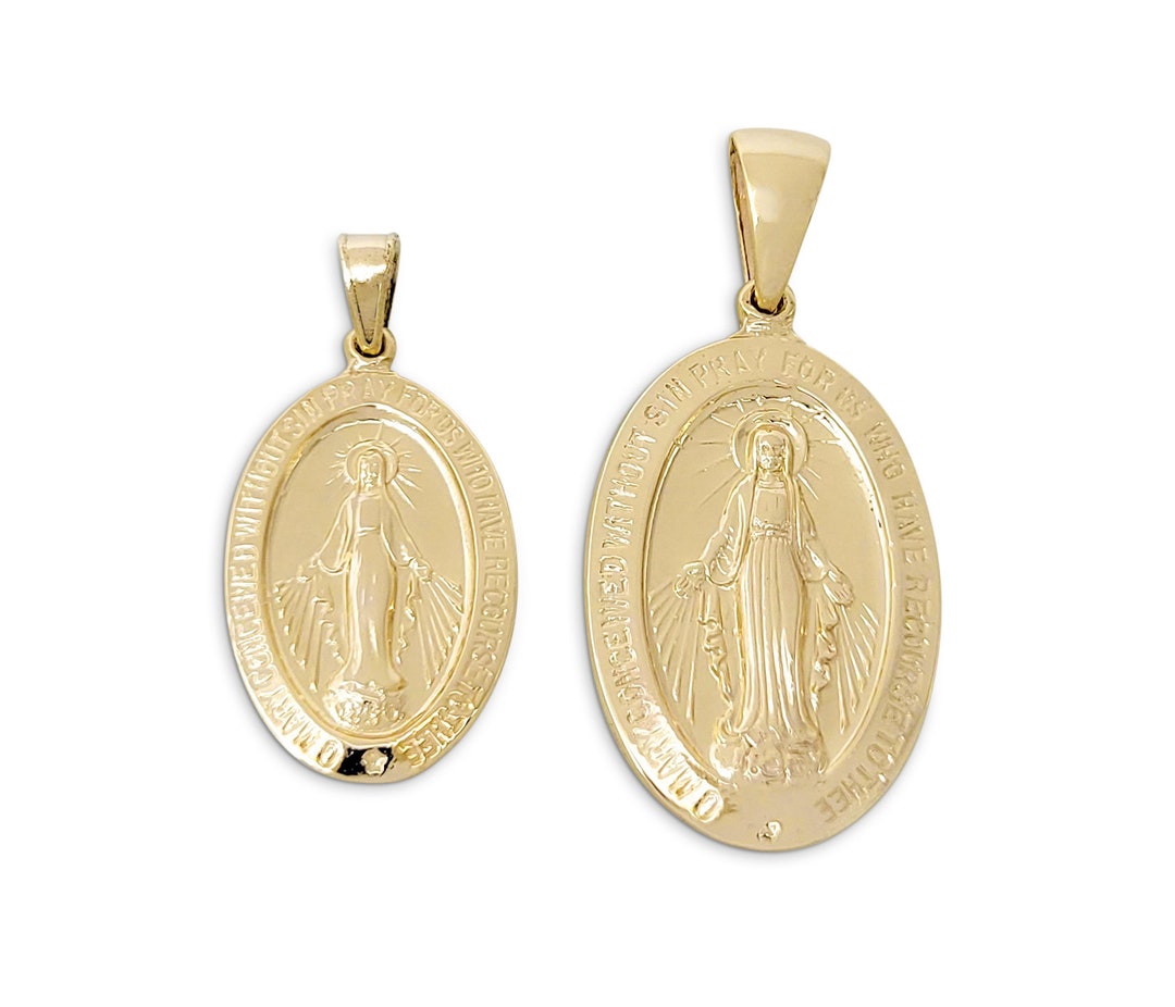 Solid 14k Yellow Gold Miraculous Medal Pendant - Large, Virgin Mary Design, 1 Inch, With Bail For Chain