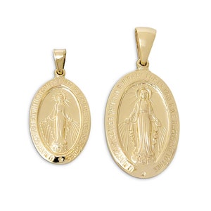 Solid 14K Yellow Gold Miraculous Medal Virgin Mary Pendant, 0.9″ or 1.1″, Catholic