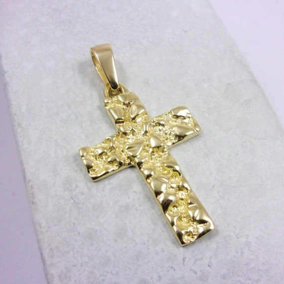 Solid 10K Yellow Gold Mens Nugget Cross 