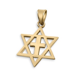 Solid 14K Yellow Gold Messianic Star of David with Cross Pendant, 3 Sizes