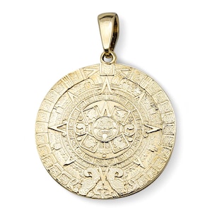 Colgante de calendario maya azteca de oro amarillo auténtico de 14 quilates (3 tamaños)