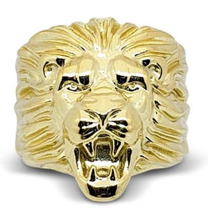 Solid 14K Yellow Gold Men&#39;s Roaring Lion Ring, Large XXL Heavy Gold Lion Ring, Bold Lion Head Ring, Luxury Men&#39;s Gold Jewelry