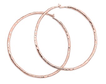 Solid 18K Rose Gold Hoop Earrings, Handmade Hammered Gold Hoops for Women, Gold Faceted Hoop Earrings