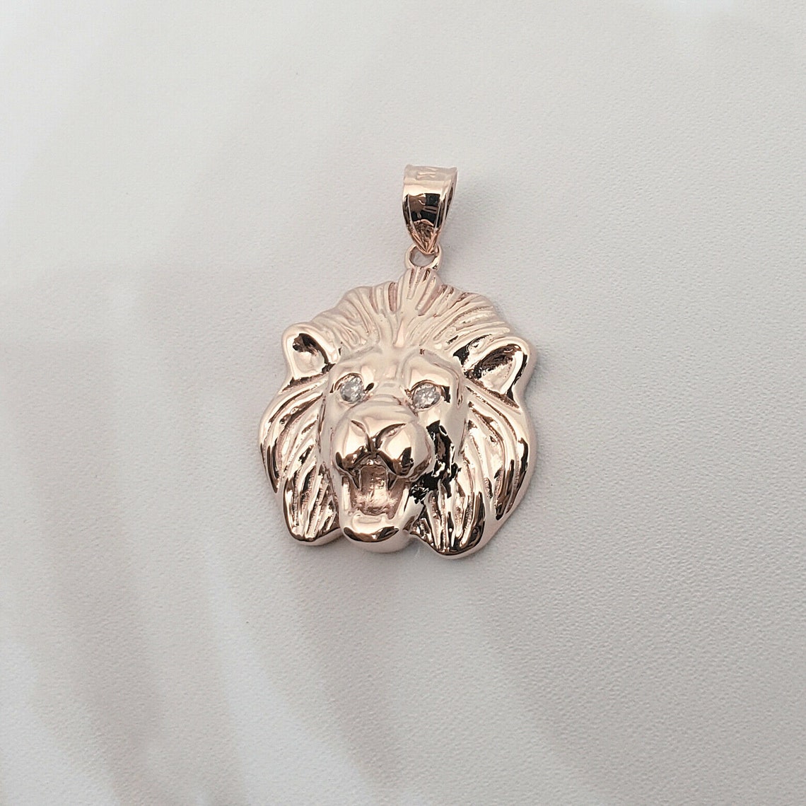 Solid 14K Rose Gold Mens Lion Pendant Diamond Eyes 19mm 3.4 Etsy