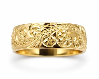 Solid 10K Yellow Gold Ring Engraved Hawaiian Scroll Ring 6mm Wide Band, Gold Band, Unique Hawaiian Jewelry, Elegant Gold Ring Handcarved