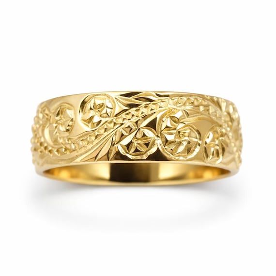 Solid 10K Yellow Gold Ring Engraved Hawaiian Scroll Ring 6mm Wide Band, Gold Band, Unique Hawaiian Jewelry, Elegant Gold Ring Handcarved