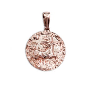 Real 10K Rose Gold Sagittarius Pendant, Zodiac Sign Coin Pendant Astrology Jewelry