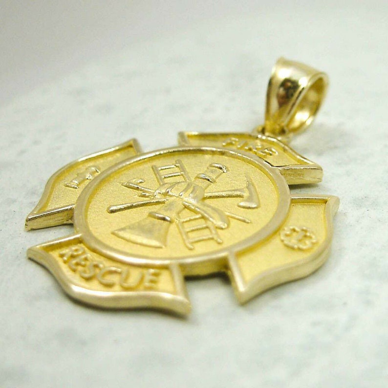 Solid 18K Yellow Gold Firefighter Fire Rescue Pendant