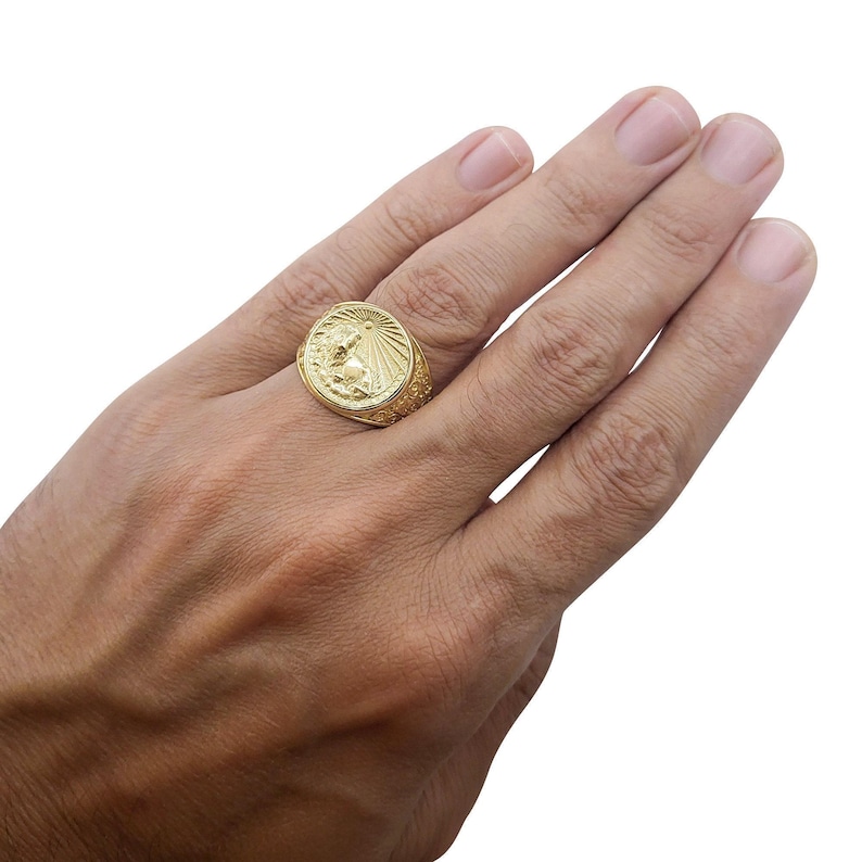 Real 14K Yellow Gold Leo Ring, Zodiac Sign Mens Gold Coin Ring ...