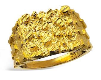 ソリッド 24K イエロー ゴールド ラージ ダイヤモンド カット メンズ ナゲット リング、サイズ 5 - 11