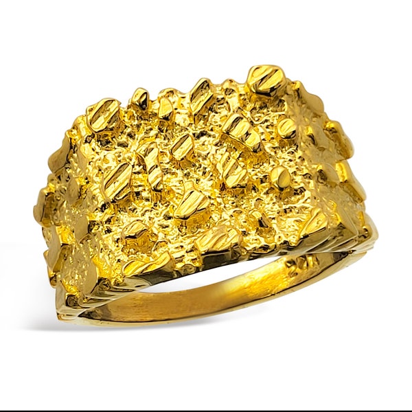 Solid 24K Yellow Gold Large Diamond Cut Mens Nugget Ring, Size 5 - 11