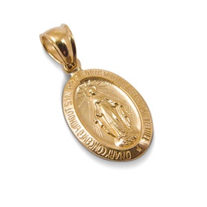 Solid 18K Yellow Gold Miraculous Medal Virgin Mary Pendant, 9/16&quot;, Catholic