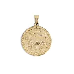 Real 14K Yellow Gold Taurus Pendant, Zodiac Sign Coin Pendant Astrology Jewelry