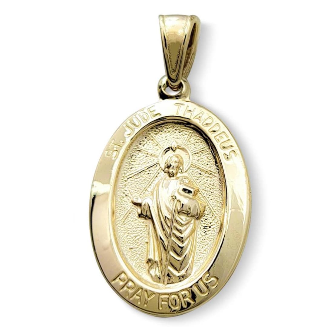 Ciondolo Rotondo 14k Oro Tricolore San Giuda Taddeo Con Zircone Bianco, Religioso, Nuovo