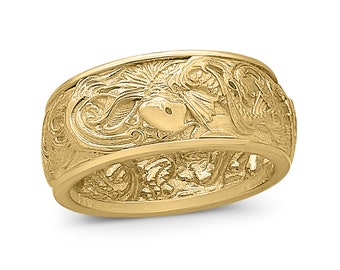 Solid 18K Yellow Gold Carp and Waves Ring 9mm Wide Band Koi Fish Japanese Ornament Ring