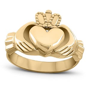 Anello Claddagh in oro giallo massiccio 10K, irlandese, grande, celtico, misure 3 - 15