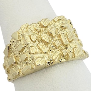 Solid 10K Yellow Gold Large Diamond Cut Mens Nugget Ring, Size 5 - 15