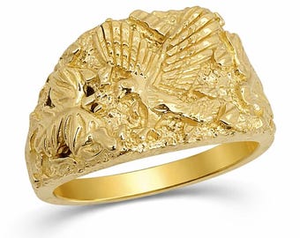 Solid 10K Yellow Gold Large Eagle Leaf Mens Nugget Ring, Size 5 - 15