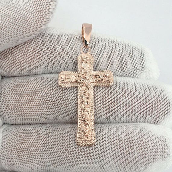 Solid 10K Rose Gold Mens Nugget Cross 