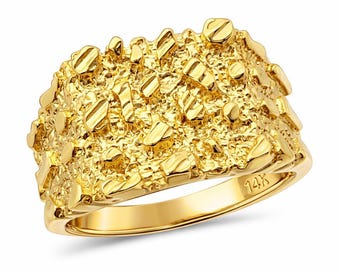 Solid 14K Yellow Gold Large Diamond Cut Mens Nugget Ring, Size 5 - 15