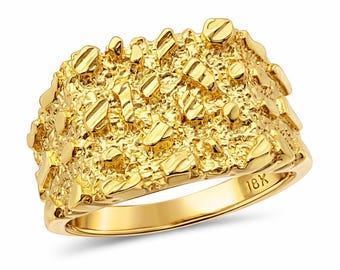 Solid 18K Yellow Gold Large Diamond Cut Mens Nugget Ring, Size 5 - 15