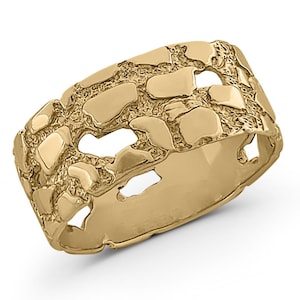 Solid 14K Yellow Gold Men&#39;s Nugget Band, 9mm Real Gold Nugget Ring, Wide Gold Band, Luxury Men&#39;s Gold Ring, Gold Nugget Band